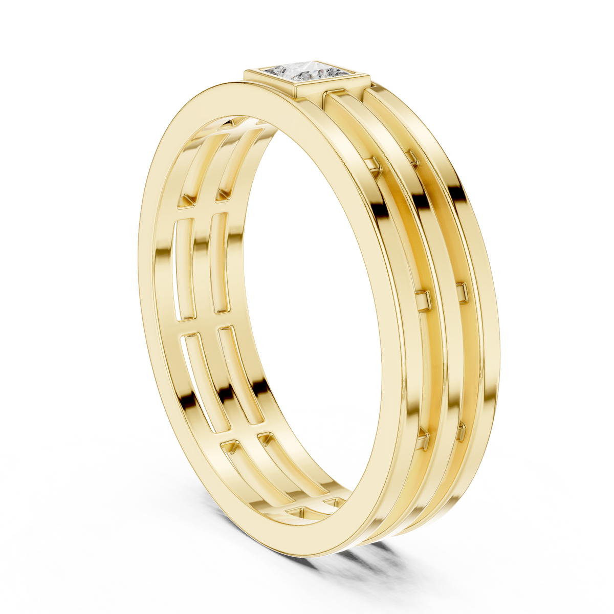 High detail close up top view highlighting exact bezel setting symmetry and F color VS clarity square geometry. Custom crafted in platinum, 14k gold, or silver. Unique architectural stacking ring suitable for custom orders with lab grown diamond or moissanite pairing choices.