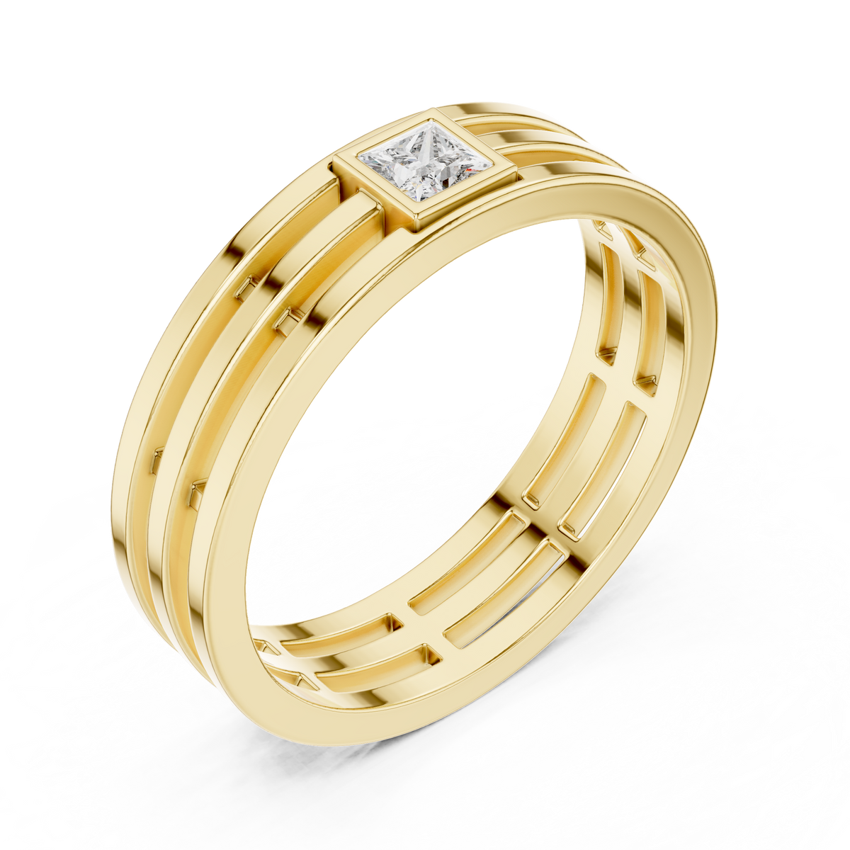 Side profile view displaying the smooth 5.39mm band width, low 2.02mm top profile, and secure bezel mounting. Available in personalized 10k solid gold, 14k gold, 925 silver, and platinum finishes. Unique everyday band option featuring custom moissanite or lab grown diamond sets.