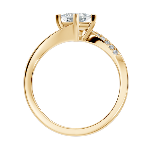Perspective three-quarter view showing D color VVS1 clarity kite-set princess moissanite with pave swirl shoulders in 925 sterling silver. Timeless bypass engagement band and statement jewelry. Offered in 1.0ct-2.0ct moissanite or lab diamond settings across solid 10k/14k gold and platinum.