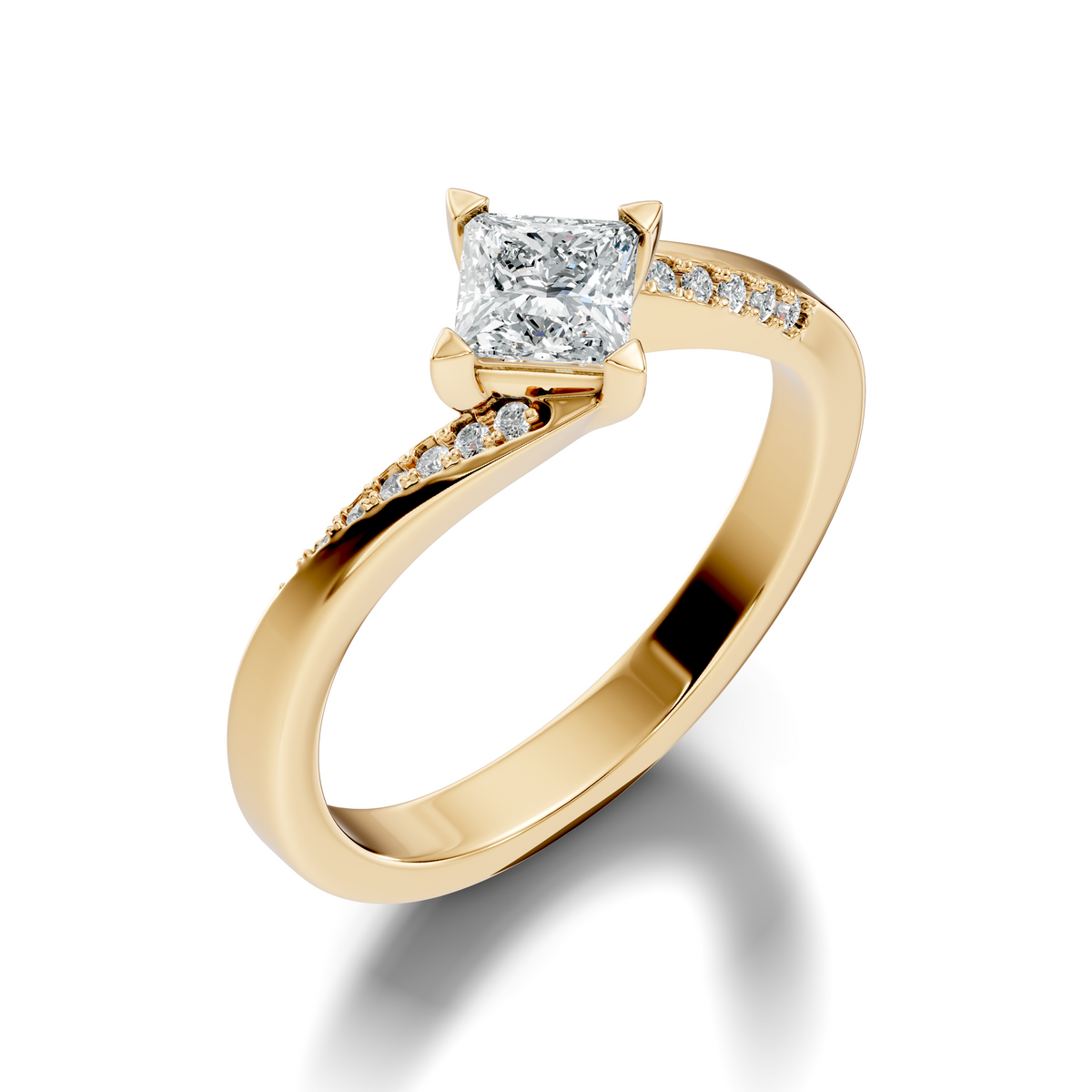 Macro close-up capturing diagonal princess facets, chevron prongs, and F color VS clarity lab diamond set in two-tone solid platinum. An exquisite bespoke heirloom and wedding ring. Fully customized in 1ct to 2ct moissanite or lab grown diamond across solid 10k/14k gold, silver, and platinum.