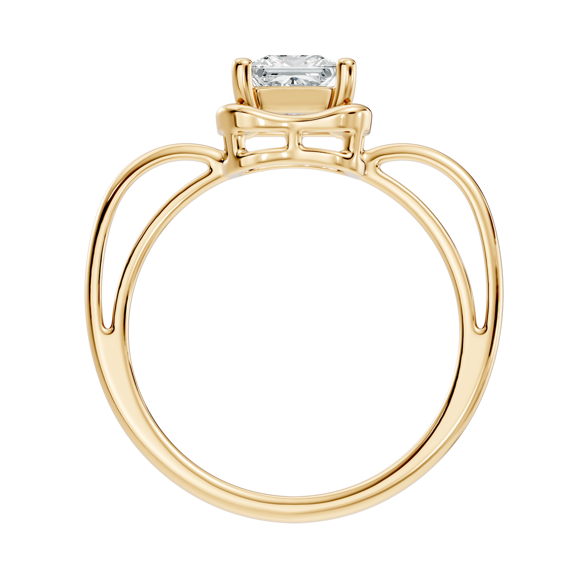 Side profile showing a 2.17mm wide band and elevated open wirework basket on a 10k solid gold ring. Designed as a comfortable wedding band or promise ring, this customized style can be crafted in 10k/14k/18k gold, sterling silver, or platinum with 1ct, 1.5ct, or 2ct moissanite or lab diamond.