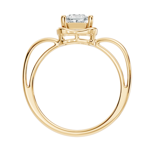 Side profile showing a 2.17mm wide band and elevated open wirework basket on a 10k solid gold ring. Designed as a comfortable wedding band or promise ring, this customized style can be crafted in 10k/14k/18k gold, sterling silver, or platinum with 1ct, 1.5ct, or 2ct moissanite or lab diamond.