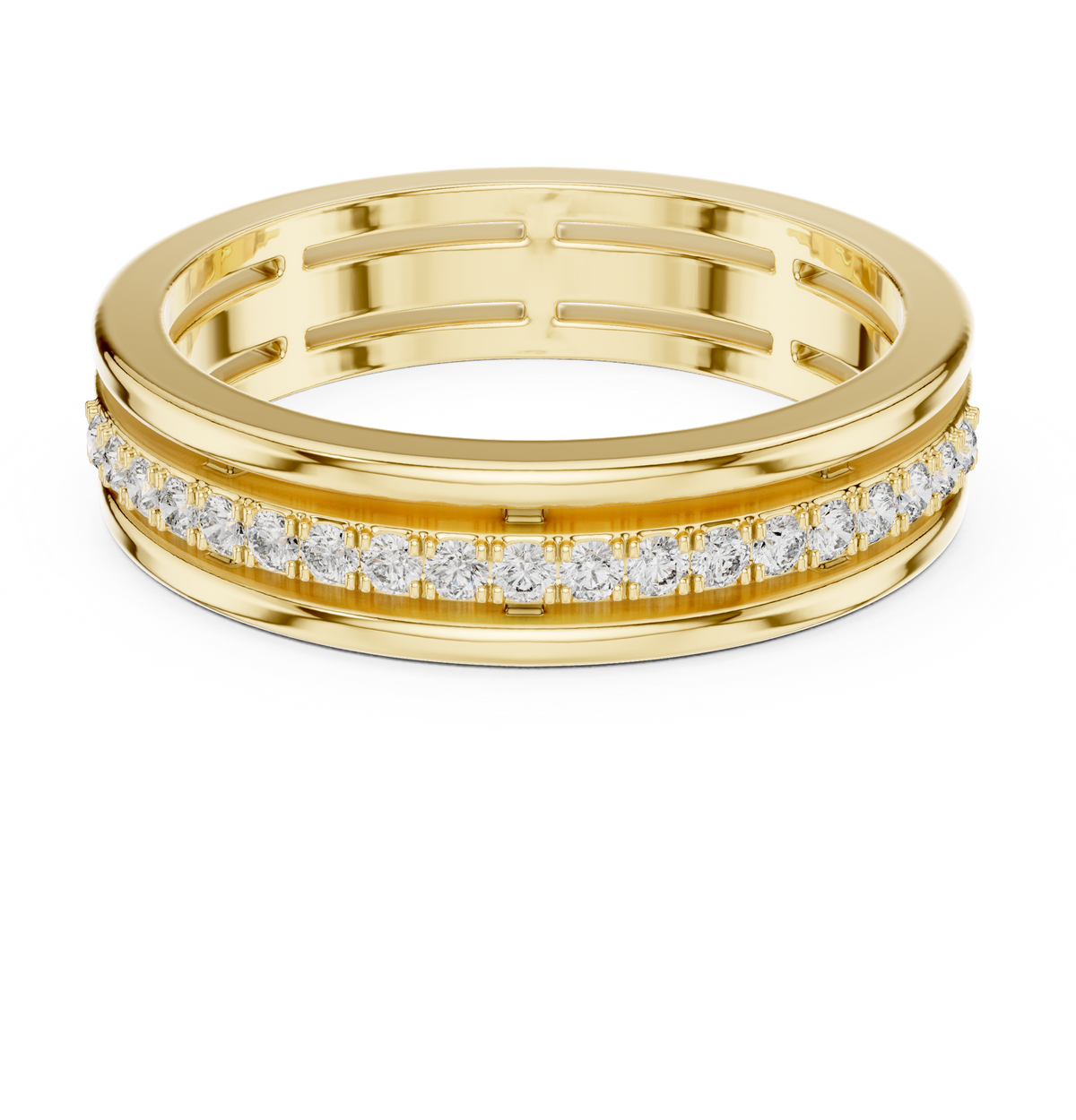 Top-down CAD view showing 19 round brilliant lab grown diamonds in micro-prong setting bordered by 14k solid gold guard rails. Ideal engagement ring, anniversary gift, wedding band. Custom choices in 10k/14k gold, 925 silver, platinum with 1ct to 2ct moissanite or lab grown diamond.   