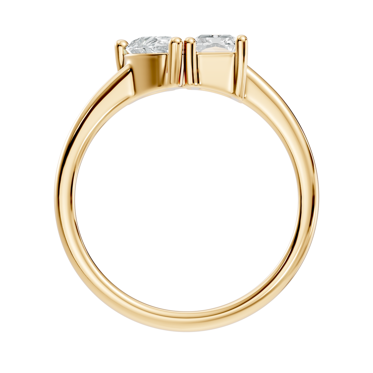 Side profile displaying the raised dual basket setting height and smooth tapered 2.42mm band width for optimal comfort and stability. Available in personalized 10k solid gold, 14k gold, 925 silver, and platinum finishes. Exceptional wedding band option featuring 1ct to 2ct moissanite or lab grown diamond gems.