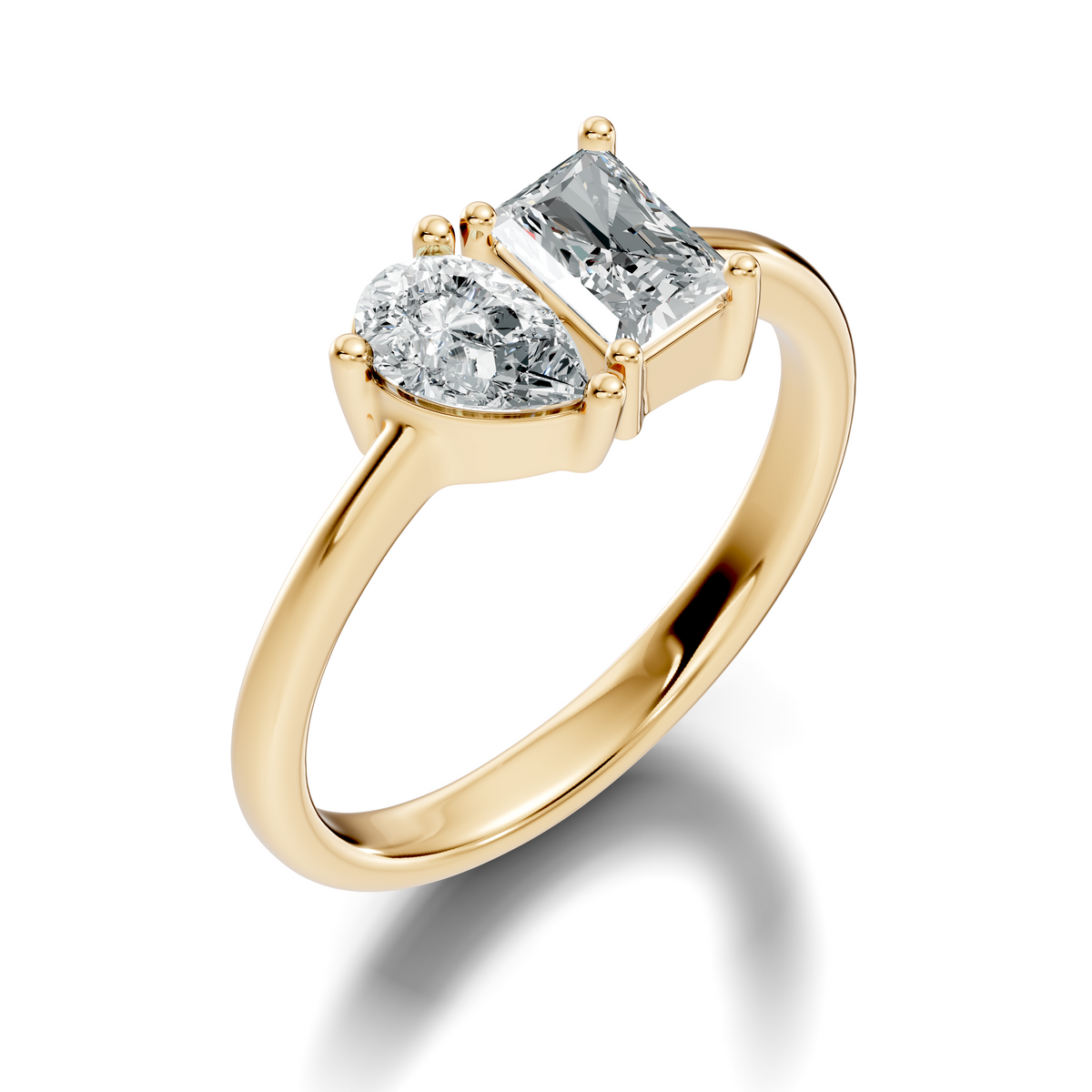 Close up top angle demonstrating precision facet symmetry and F color VS clarity brilliance of the twin gemstone arrangement. Tailored in high quality platinum, 14k gold, or silver. Unique statement jewelry piece suited for custom orders with 1.00ct to 2.00ct lab grown diamond or moissanite stones.