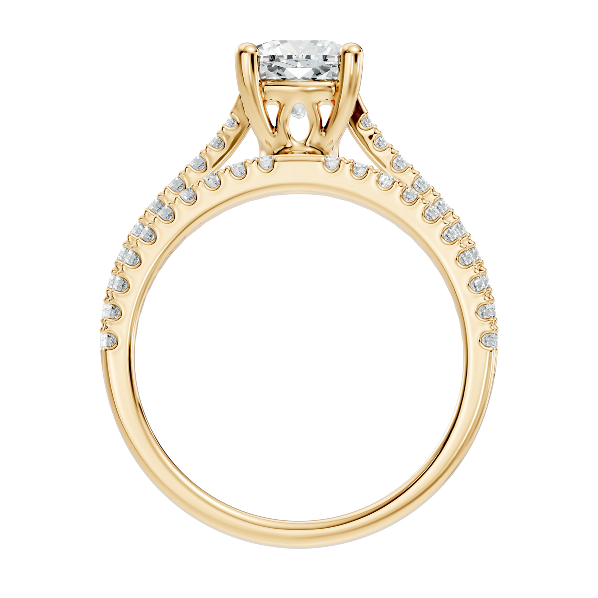 Angled view revealing D color VVS1 clarity sparkle from a cushion moissanite mounted on a 925 sterling silver multi row pave shank. Designed for bridal jewelry, customized in 10k/14k gold, 925 silver, platinum, with 1ct to 2ct lab grown diamond or moissanite sizes.