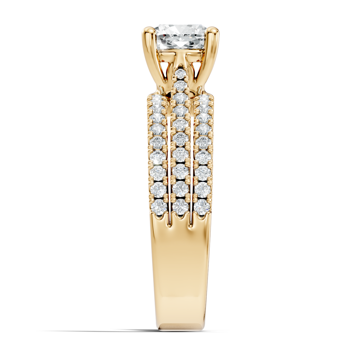 Close-up top view displaying stone symmetry, cushion facets, and claw prongs set in platinum tone detail. An ideal high-end engagement ring, personalized in 10k/14k gold, 925 silver, or platinum featuring 1ct to 2ct moissanite or lab grown diamond customized stones.