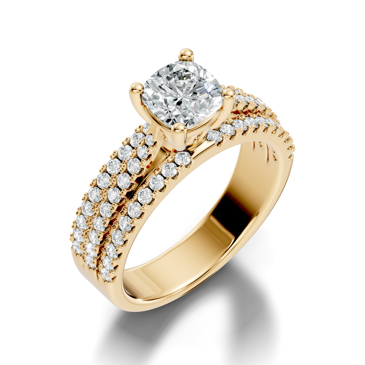 Side profile showcasing cathedral setting height, a 3.5mm wide band, triple pave rows, and solid 10k gold construction. Perfect for a wedding band setup or promise ring, available in 10k/14k gold, 925 silver, platinum with 1ct to 2ct moissanite or lab grown diamond choices.