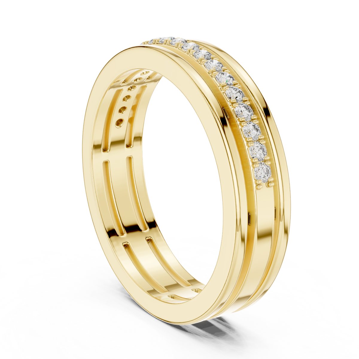 Side profile showing 4.52mm band width, 1.85mm setting height, and solid 10k solid gold inner shank construction. Perfect engagement ring, promise ring, gold band. Custom choices in 10k/14k gold, 925 silver, platinum with 1ct to 2ct moissanite or lab grown diamond.