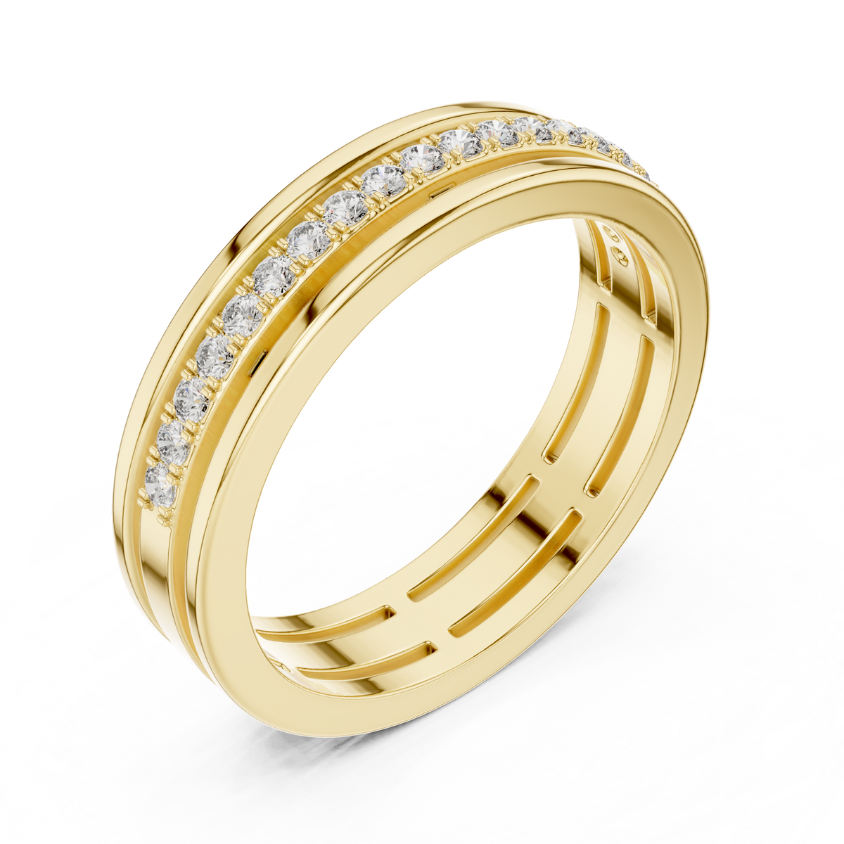 3D isometric render displaying D Color VVS1 moissanite sparkle across the continuous circle of 925 sterling silver. Great anniversary gift, bridal jewelry, unique ring. Custom choices in 10k/14k gold, 925 silver, platinum with 1ct to 2ct moissanite or lab grown diamond.