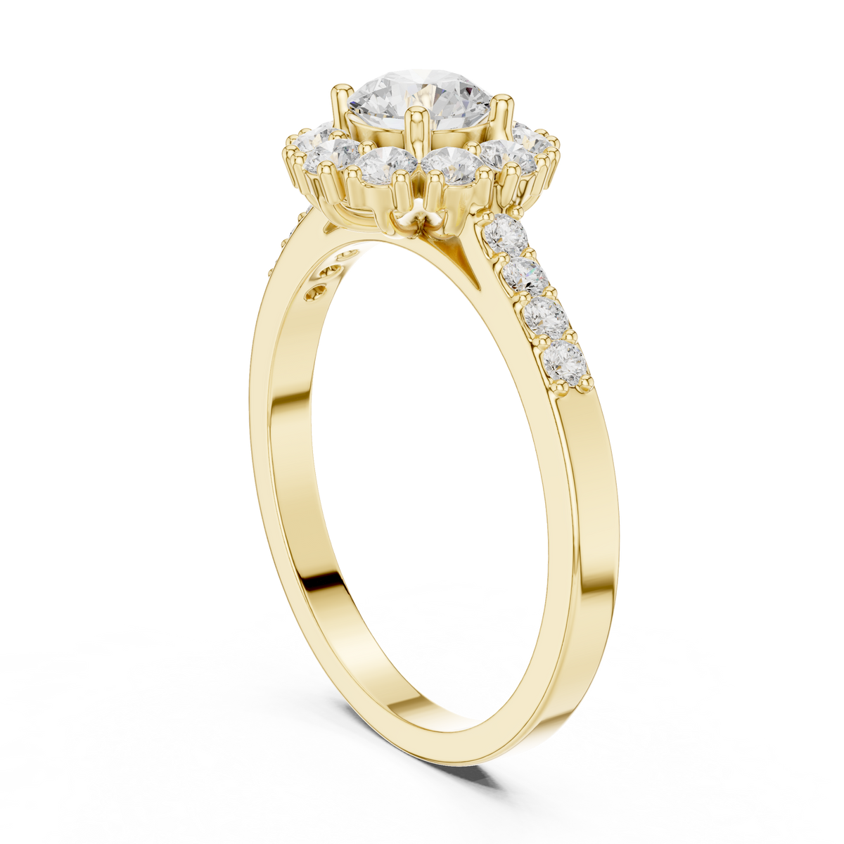 High detail close up top view highlighting exact prong setting symmetry and F color VS clarity cluster arrangement. Custom crafted in platinum, 14k gold, or silver. Unique vintage stacking ring suitable for custom orders with lab grown diamond or moissanite pairing choices.