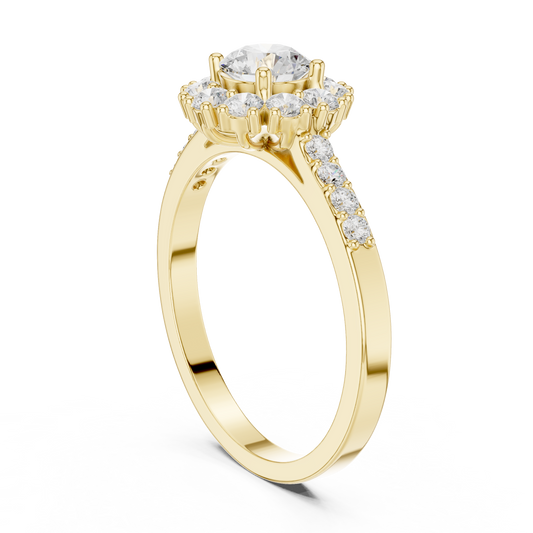 High detail close up top view highlighting exact prong setting symmetry and F color VS clarity cluster arrangement. Custom crafted in platinum, 14k gold, or silver. Unique vintage stacking ring suitable for custom orders with lab grown diamond or moissanite pairing choices.