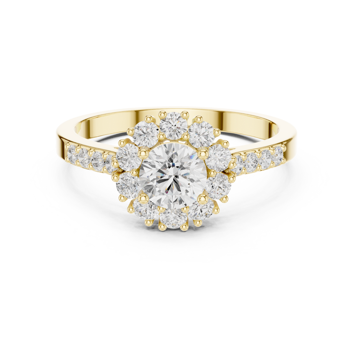Front view showcasing a round floral cluster halo engagement ring with lab grown diamonds set in 14k gold. Custom made in 925 silver, 10k gold, or platinum options. Vintage inspired ring or anniversary gift featuring personalized moissanite and lab diamond stones.