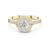 Front view showcasing a round floral cluster halo engagement ring with lab grown diamonds set in 14k gold. Custom made in 925 silver, 10k gold, or platinum options. Vintage inspired ring or anniversary gift featuring personalized moissanite and lab diamond stones.