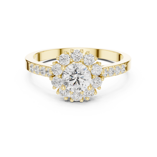 Front view showcasing a round floral cluster halo engagement ring with lab grown diamonds set in 14k gold. Custom made in 925 silver, 10k gold, or platinum options. Vintage inspired ring or anniversary gift featuring personalized moissanite and lab diamond stones.