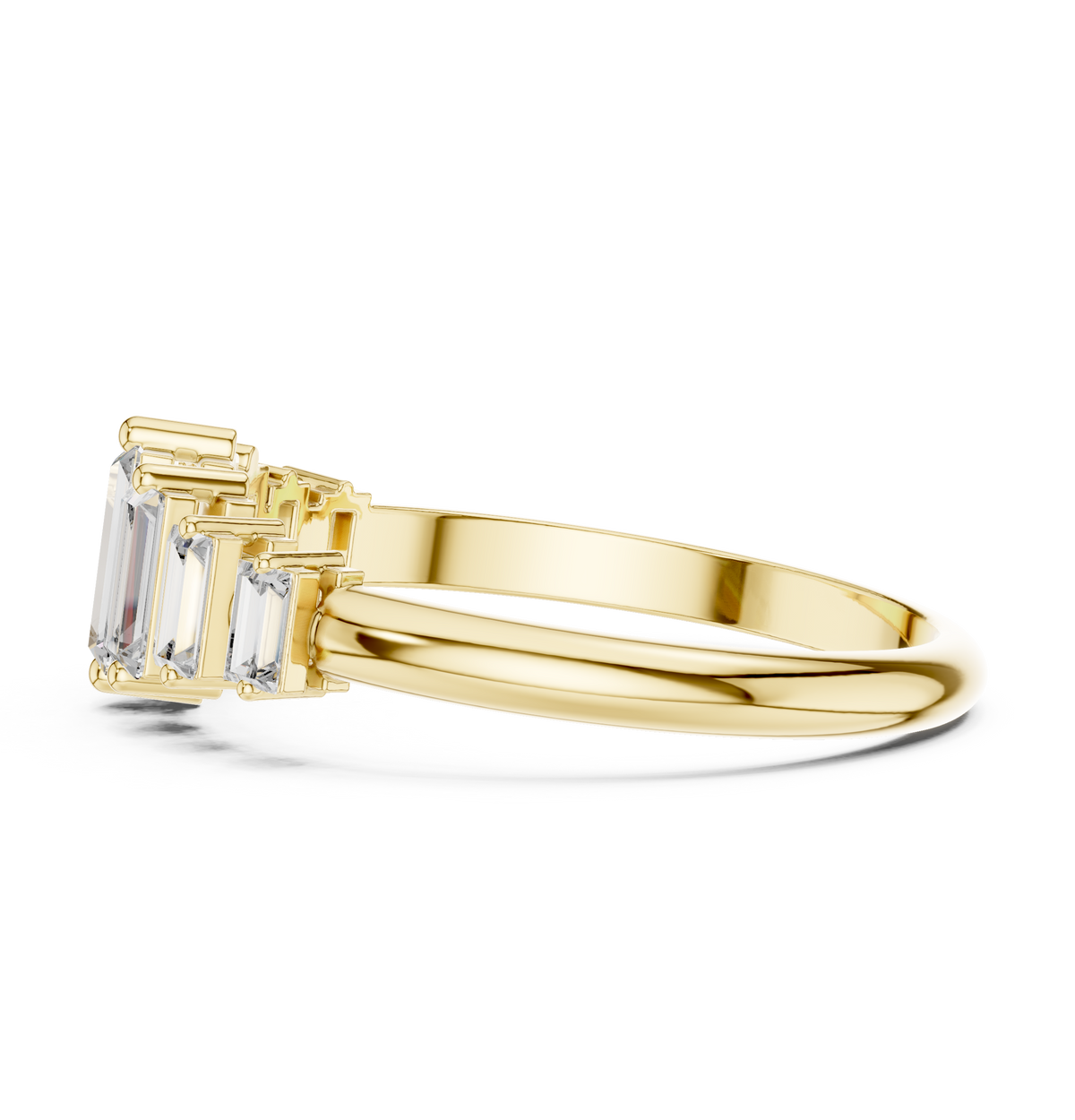 Top-down close-up revealing clean architectural symmetry and step facets of F color VS lab grown baguettes set in platinum. Luxury stackable wedding band. Custom order in platinum, 925 silver, 10k or 14k solid gold with customized 1ct to 2ct lab diamond or moissanite stones.