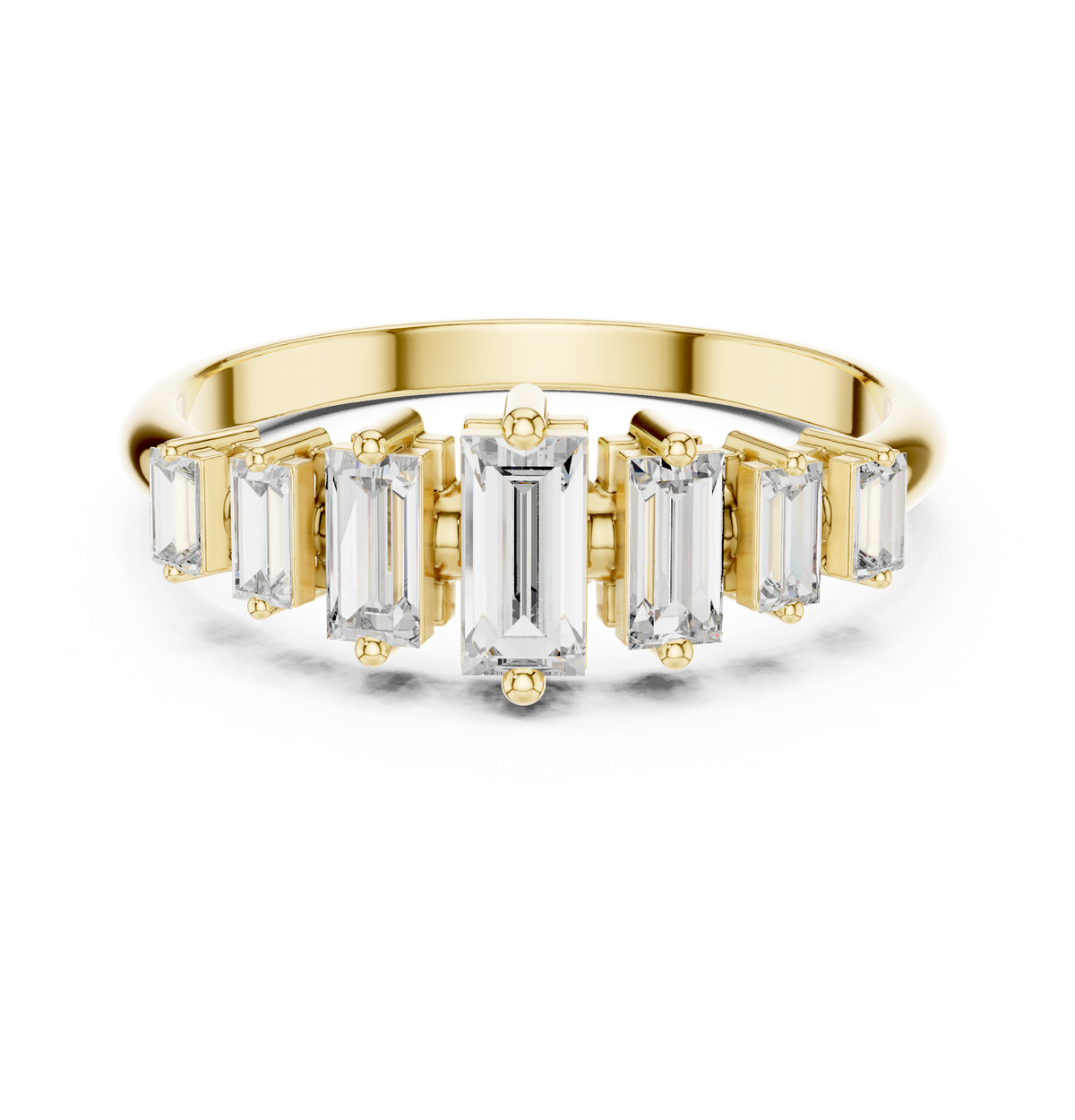 Front view showing seven graduated baguette cut lab diamonds in collet settings on a 14k gold band. Art Deco engagement ring or anniversary band design. Customizable in 925 silver, 10k or 14k solid gold, and platinum with stone sizes from 1ct to 2ct in moissanite or lab grown diamond options.
