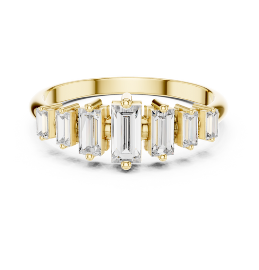 Front view showing seven graduated baguette cut lab diamonds in collet settings on a 14k gold band. Art Deco engagement ring or anniversary band design. Customizable in 925 silver, 10k or 14k solid gold, and platinum with stone sizes from 1ct to 2ct in moissanite or lab grown diamond options.