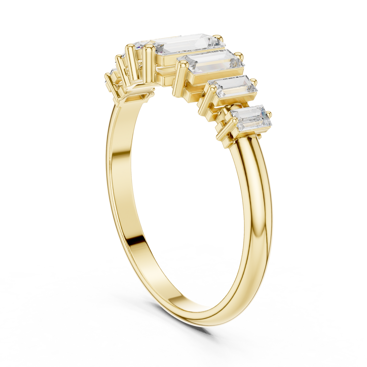 Side profile CAD view detailing the sleek 1.87mm band width and collet setting height in 10k solid gold. Durable geometric 7 stone ring for everyday wear. Available in 10k or 14k gold, 925 sterling silver, and platinum with moissanite or lab grown diamond center options from 1ct to 2ct.