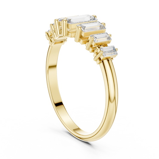 Side profile CAD view detailing the sleek 1.87mm band width and collet setting height in 10k solid gold. Durable geometric 7 stone ring for everyday wear. Available in 10k or 14k gold, 925 sterling silver, and platinum with moissanite or lab grown diamond center options from 1ct to 2ct.