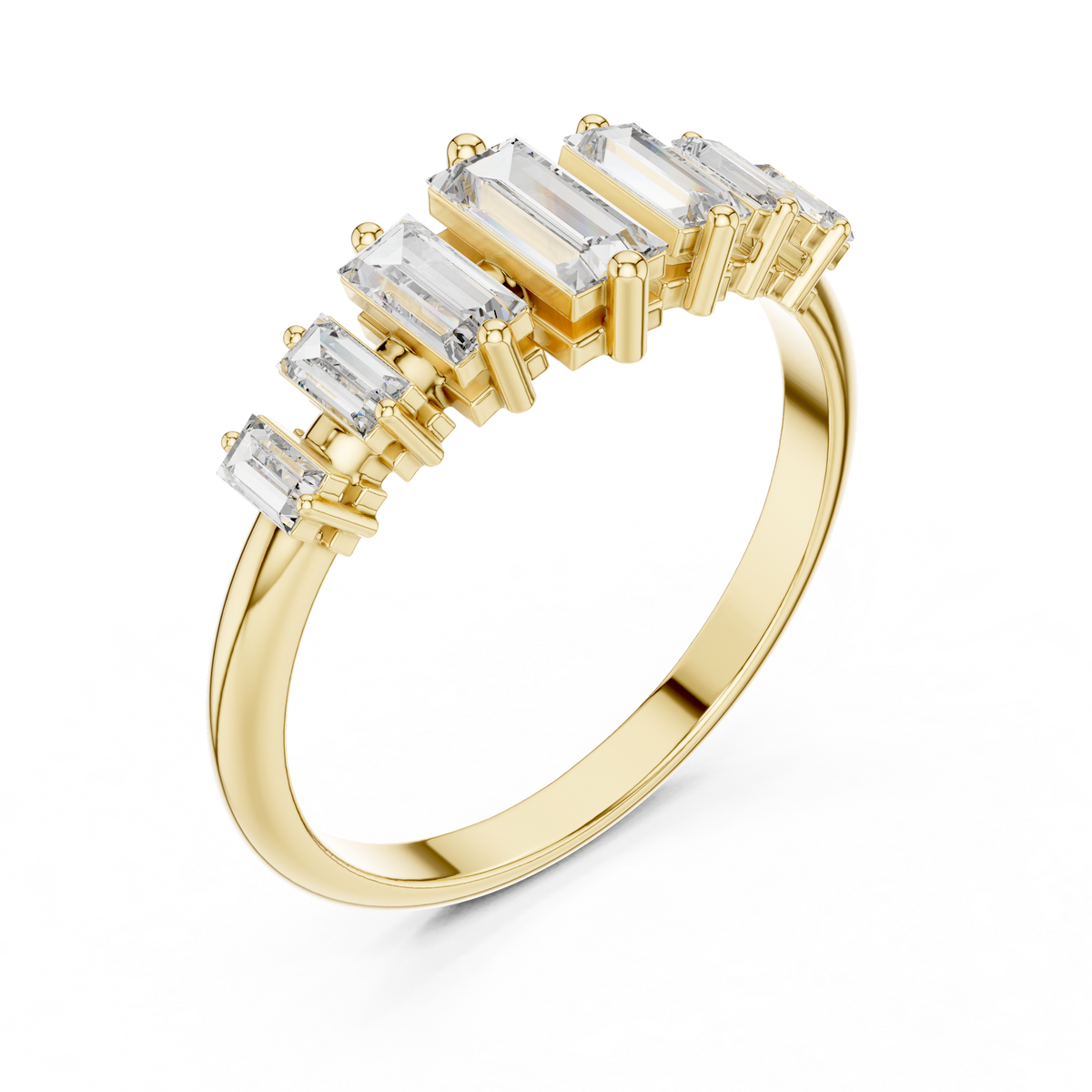 Angled perspective displaying the brilliant step-cut clarity of D color VVS1 moissanite baguettes in 925 sterling silver. Vintage crown ring design. Personalized in 925 silver, 10k/14k solid gold, or platinum with 1ct, 1.5ct, or 2ct moissanite and lab grown diamonds.