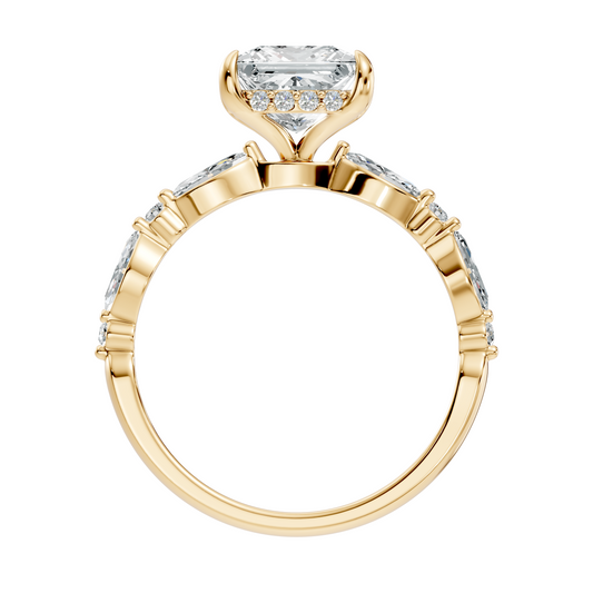 Close up lifestyle shot featuring a princess cut side stone promise ring as a romantic birthday present or anniversary gift in platinum. Elegant custom jewelry offered in solid platinum, 10k or 14k gold, and 925 sterling silver with your choice of 1ct, 1.5ct, or 2ct moissanite or lab diamond.