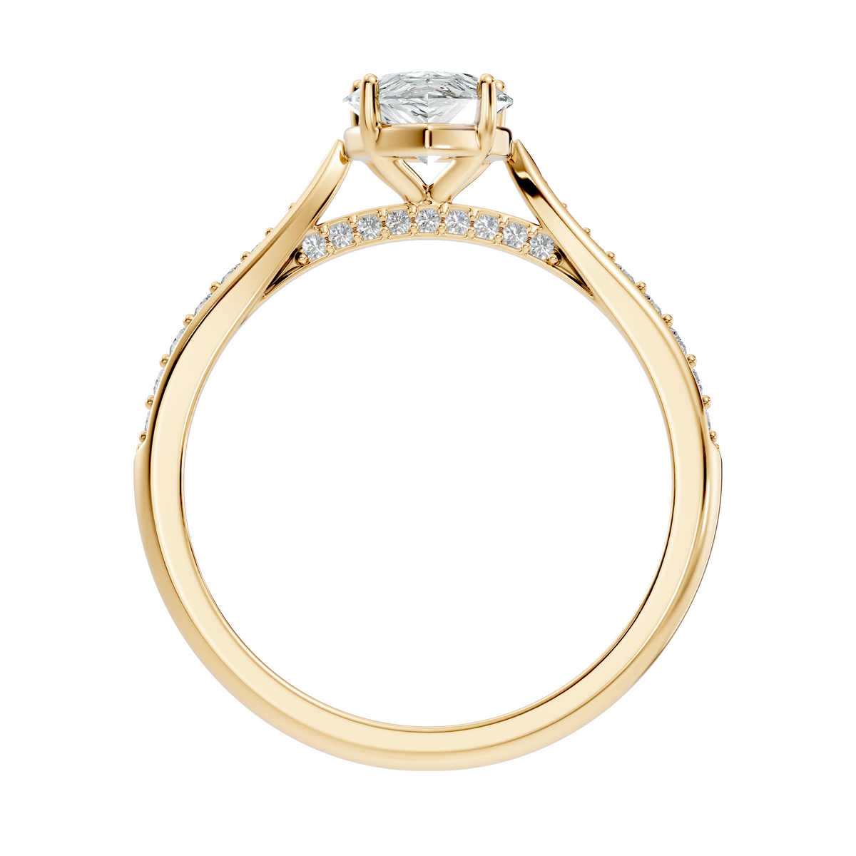 Three-quarter angled view emphasizing D color, VVS1 clarity sparkle from a pear moissanite on a 925 silver band with pave shoulders. An ideal anniversary gift crafted in 10k/14k gold, 925 silver, platinum, with 1ct to 2ct lab grown diamond or moissanite.