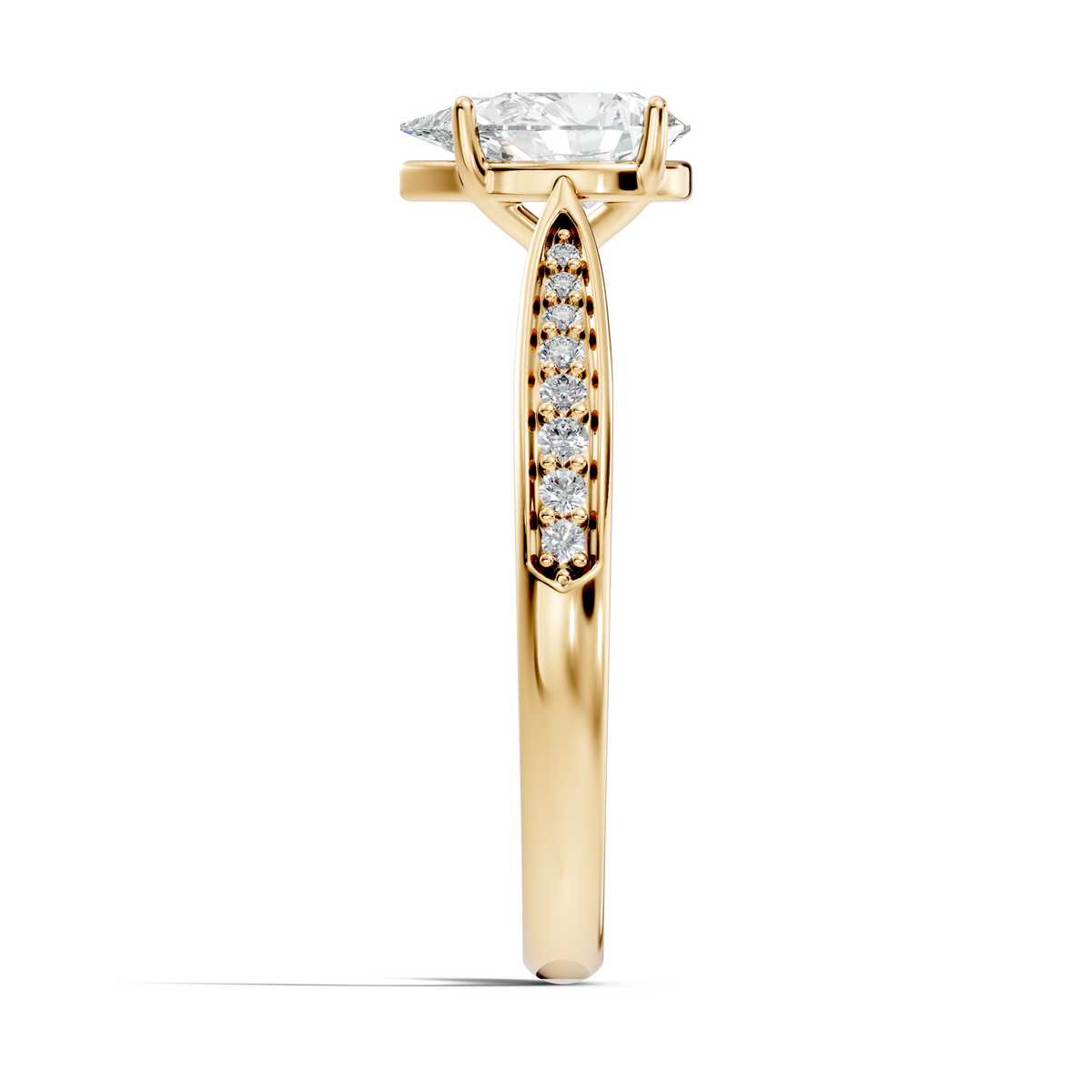 Close-up top perspective displaying exceptional symmetry, pear facets, D color, and VVS1 clarity in platinum tone. A luxury engagement ring personalized in 10k/14k gold, 925 silver, platinum, with 1ct to 2ct moissanite or lab grown diamond.