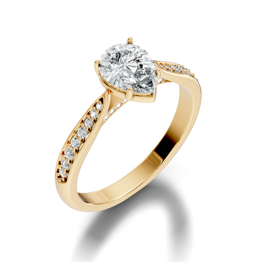 Side profile showcasing a 1.8mm band, elevated cathedral setting height, and claw prongs in 10k solid gold. Perfect custom wedding band companion, available in 10k/14k gold, 925 silver, platinum, 1ct to 2ct moissanite or lab grown diamond choices.