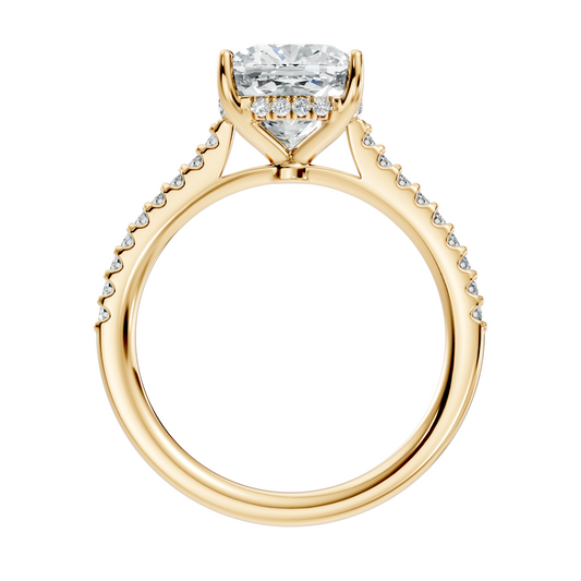Side profile view displaying the 7.85mm setting height, hidden halo collar, and smooth 2.00mm pave band width. Available in personalized 10k solid gold, 14k gold, 925 silver, and platinum finishes. Elegant engagement ring option featuring custom moissanite or lab grown diamond sets.