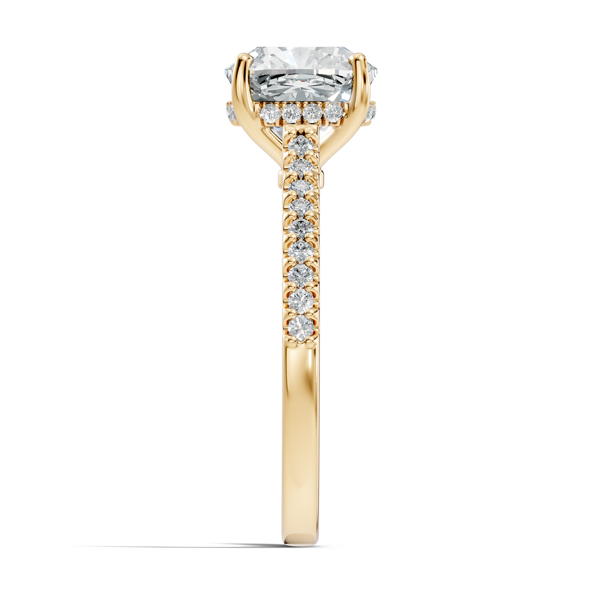 Angled perspective view capturing D color VVS1 clarity light reflection across the cushion cut facets and pave shank. Premium handcrafted jewelry in 925 sterling silver, solid gold, or platinum. Perfect custom promise ring or bridal band with choice of moissanite and lab diamond.