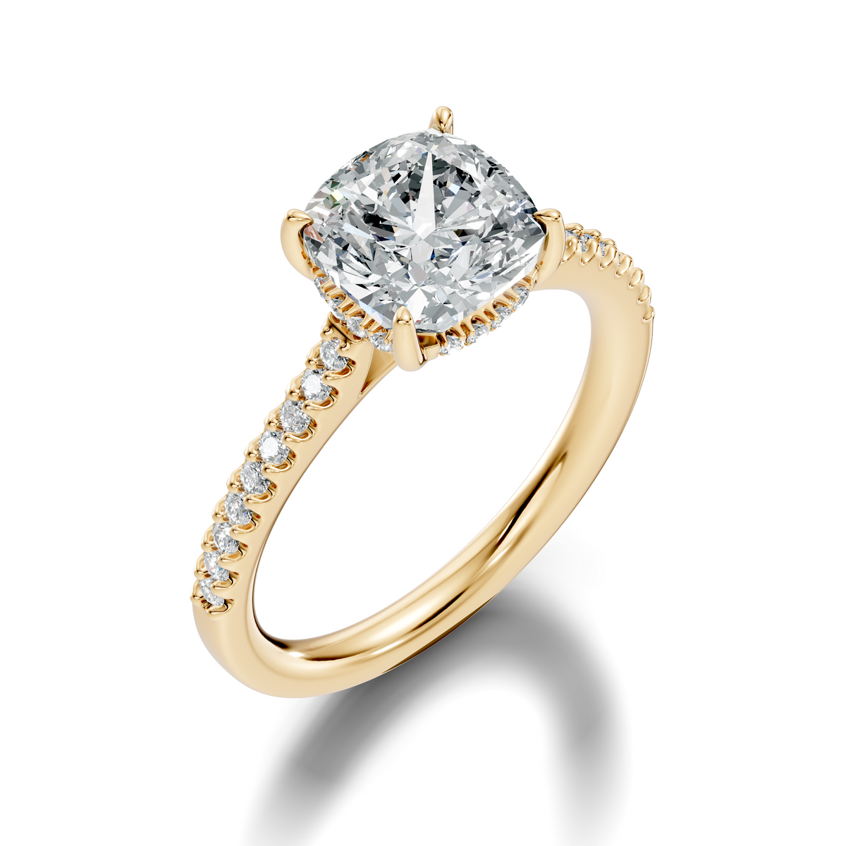 High detail close up top view highlighting exact prong setting symmetry and F color VS clarity cushion geometry. Custom crafted in platinum, 14k gold, or silver. Unique luxury stacking ring suitable for custom orders with lab grown diamond or moissanite pairing choices.