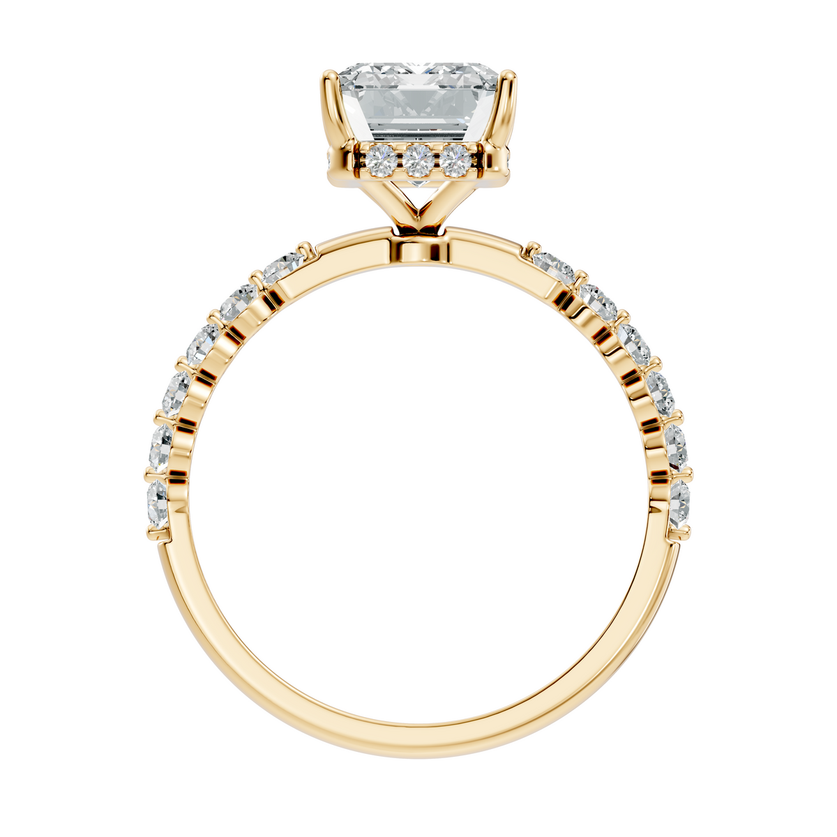 Side profile view showing a 2.02mm pave band and hidden halo setting height in 10k solid yellow gold. Designed as a comfortable wedding band or promise ring, this custom design is available in 10k/14k gold, 925 sterling silver, or platinum with 1ct, 1.5ct, or 2ct moissanite or lab diamond.
