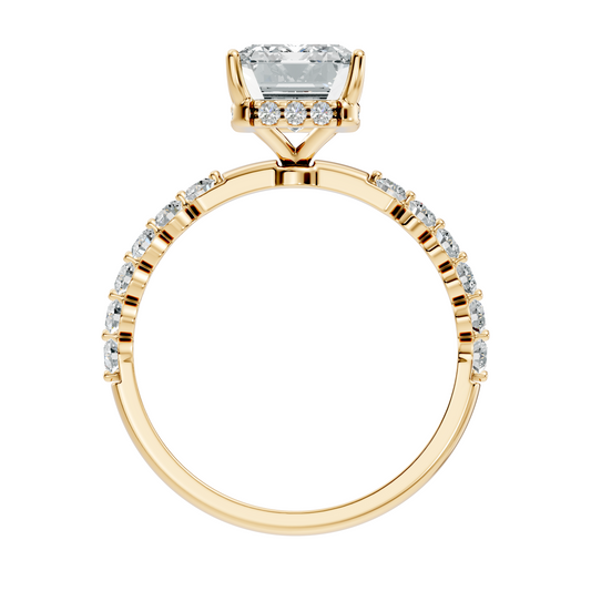 Side profile view showing a 2.02mm pave band and hidden halo setting height in 10k solid yellow gold. Designed as a comfortable wedding band or promise ring, this custom design is available in 10k/14k gold, 925 sterling silver, or platinum with 1ct, 1.5ct, or 2ct moissanite or lab diamond.