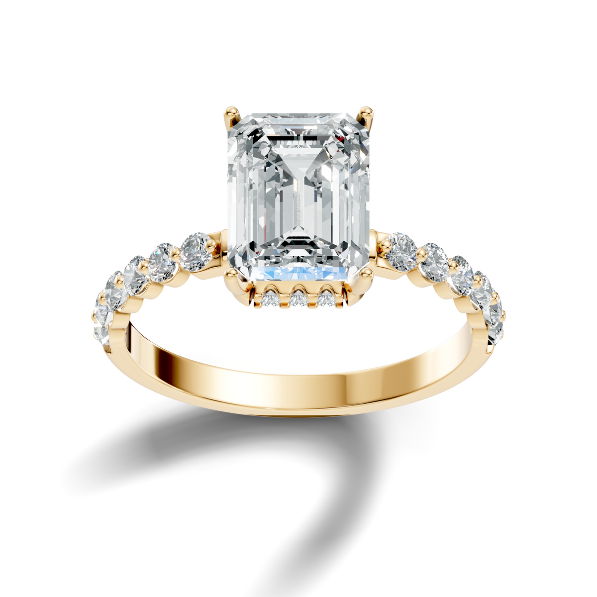 Angled studio render showcasing the hall-of-mirrors sparkle and D color VVS1 clarity of an emerald cut moissanite in 925 sterling silver. An affordable engagement ring or travel band, customizable in 925 silver, 10k/14k gold, or platinum with 1.00ct to 2.00ct moissanite or lab diamond.