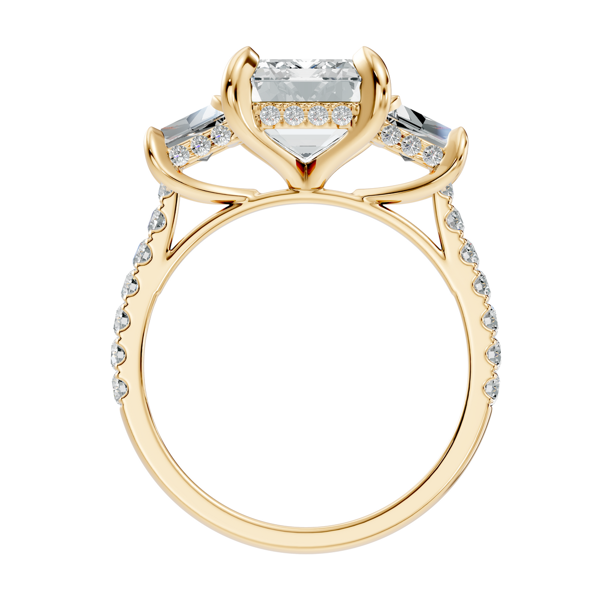 Cathedral profile render showing 7.52mm setting height, basket bridge details, and ~2.24mm pavé band width. Ideal engagement ring, promise ring, gold band. Custom options in 10k/14k gold, 925 silver, platinum with 1ct to 2ct moissanite or lab grown diamond.