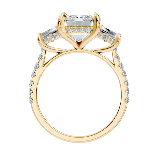 Cathedral profile render showing 7.52mm setting height, basket bridge details, and ~2.24mm pavé band width. Ideal engagement ring, promise ring, gold band. Custom options in 10k/14k gold, 925 silver, platinum with 1ct to 2ct moissanite or lab grown diamond.