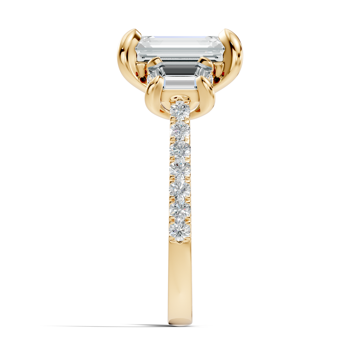 Perspective render showing D Color VVS1 emerald and baguette facet sparkle on yellow gold pavé shank. Perfect anniversary gift, bridal jewelry, unique ring. Custom options in 10k/14k gold, 925 silver, platinum with 1ct to 2ct moissanite or lab grown diamond.
