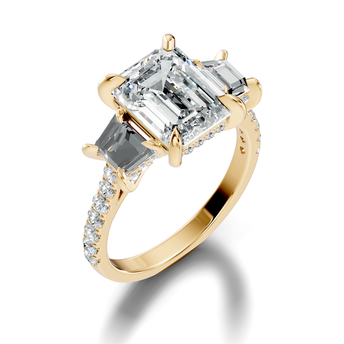 Close-up shot of F Color VS lab diamond symmetry, step-cut facets, and micro-prong accents. Trendy engagement ring, statement jewelry, holiday gift. Custom options in 10k/14k gold, 925 silver, platinum with 1ct to 2ct moissanite or lab grown diamond.