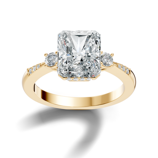 Side profile view showing a 2.15mm wide band and 6.29mm hidden halo basket setting height in 10k solid yellow gold. Designed as a comfortable wedding band or promise ring, this custom design is available in 10k/14k gold, 925 sterling silver, or platinum with 1ct, 1.5ct, or 2ct moissanite or lab diamond options.