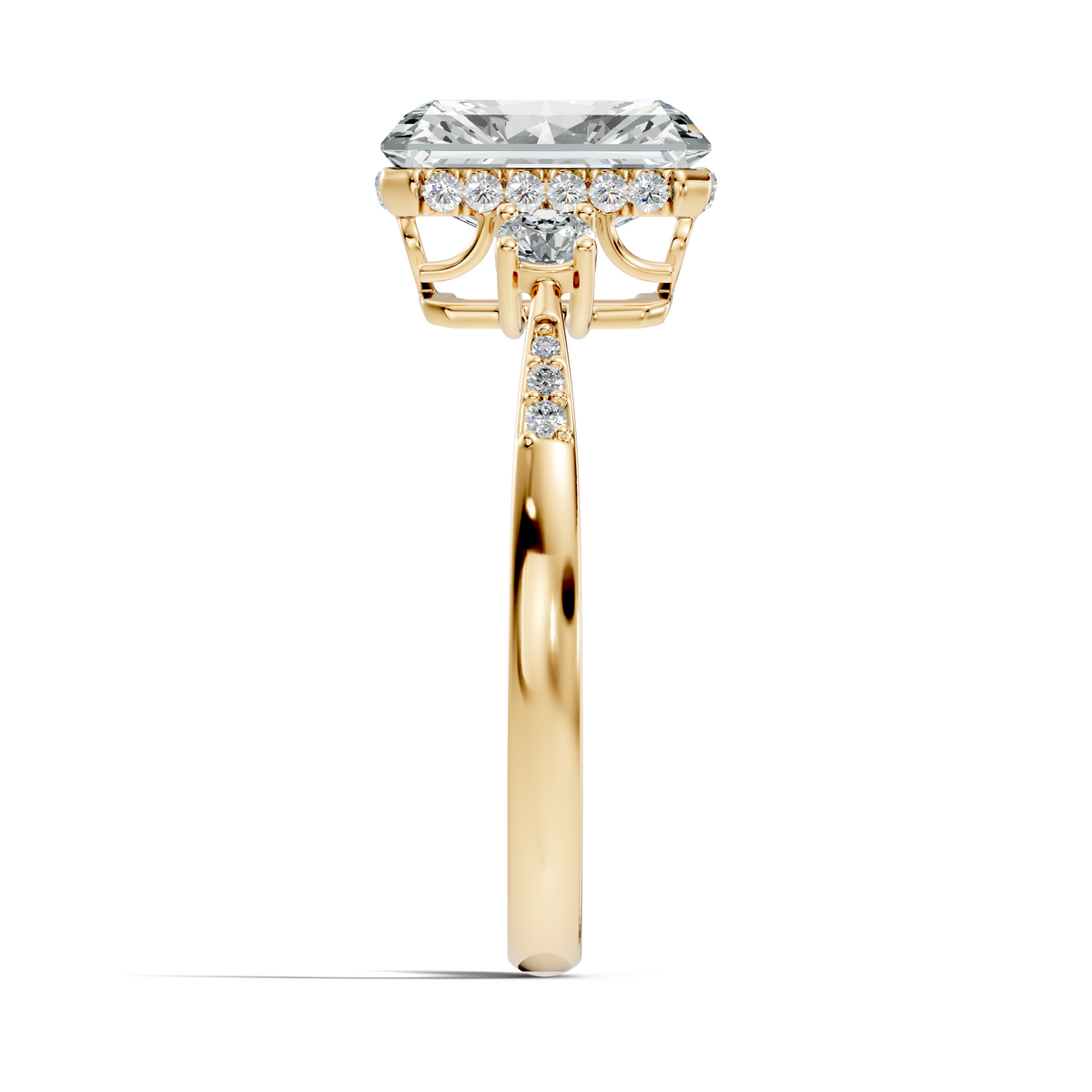Angled studio render showcasing intense brilliance and D color VVS1 clarity of a radiant cut moissanite three stone ring in 925 sterling silver. An affordable engagement ring or travel safe ring, customizable in 925 silver, 10k/14k gold, or platinum with 1.00ct to 2.00ct moissanite or lab diamond.