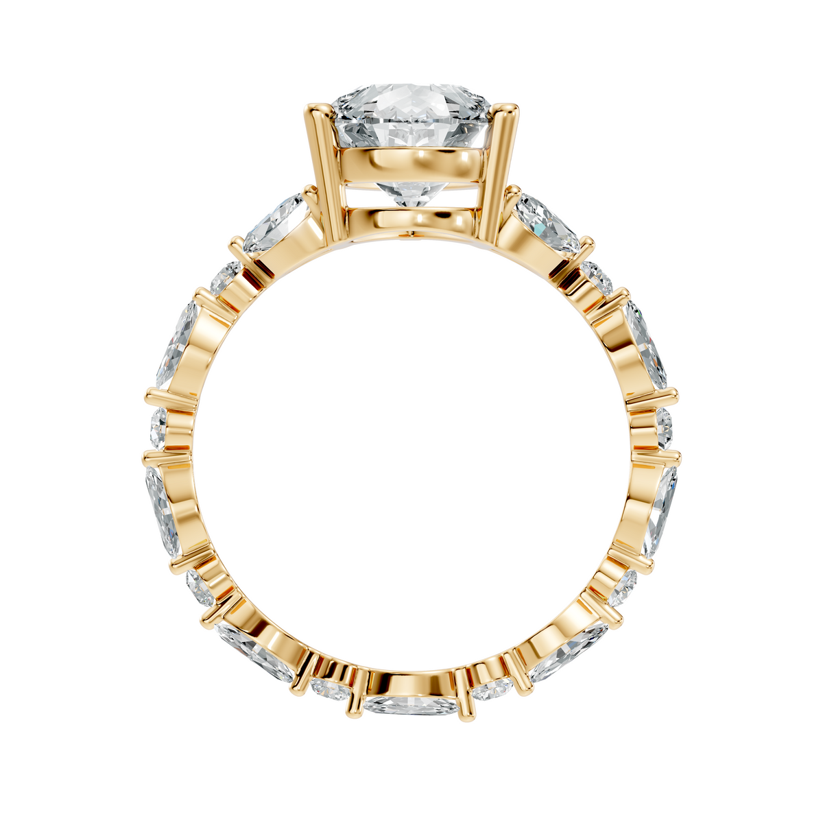 Three-quarter angled view highlighting D color VVS1 clarity sparkle in 925 sterling silver mounting. Beautiful pear cut teardrop engagement ring for women. Fully customizable in 14k gold, 10k gold, silver, or platinum metal tones with stone size choices from 1ct to 2ct in moissanite or sustainable lab grown diamond.