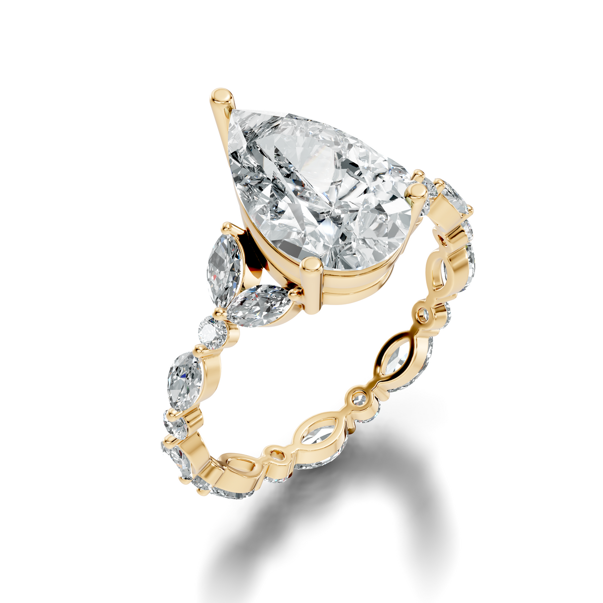 Side profile showing 2mm band width with alternating marquise eternity cluster setting height in 10k solid gold. Stunning setting for a unique wedding band or promise ring. Personalized choices available in 10k or 14k gold, sterling silver, or platinum with 1ct, 1.5ct, 2ct lab grown diamond or moissanite center stones.