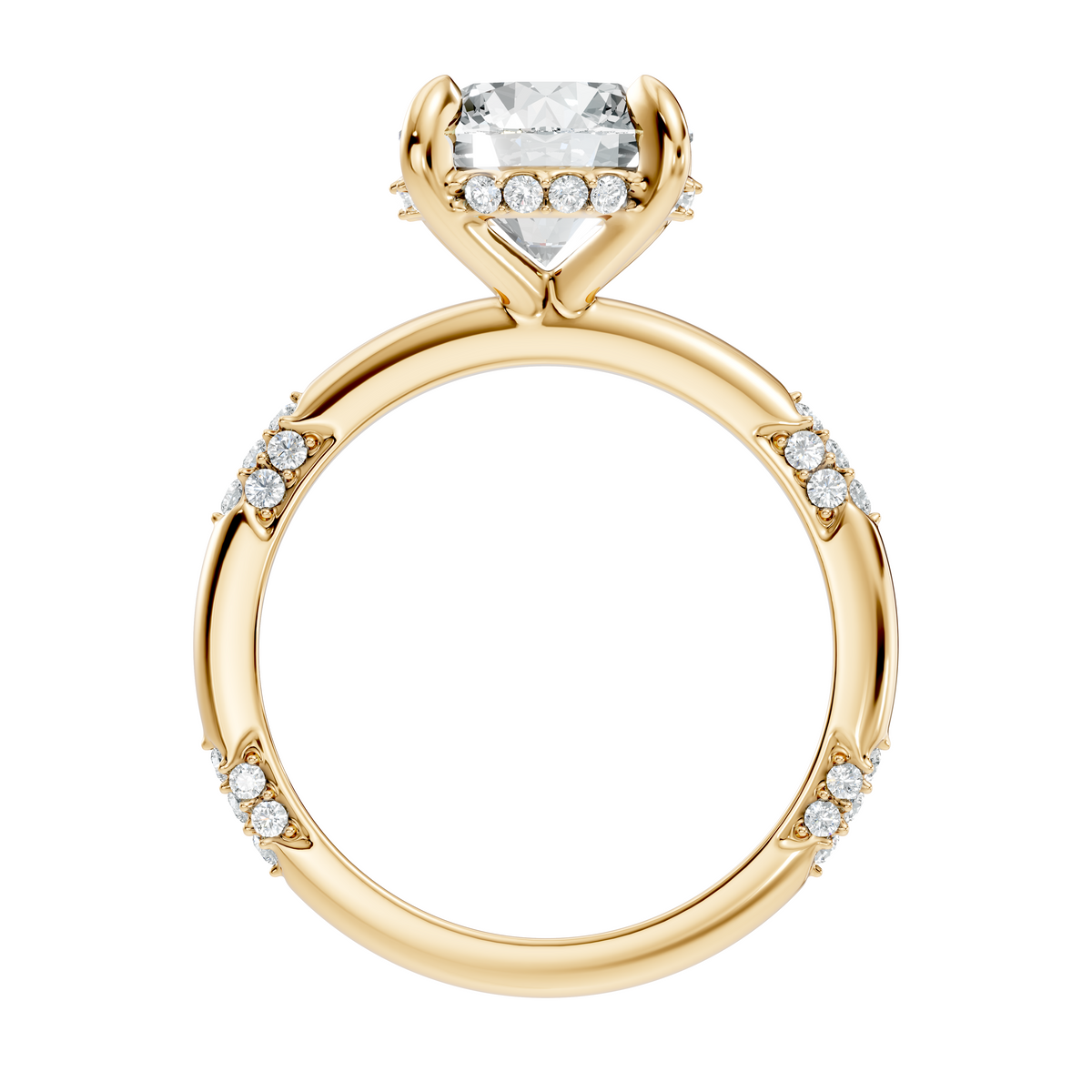Angled view revealing D color VVS1 clarity sparkle from a round moissanite mounted on a 925 sterling silver shank with pave accents. Designed for bridal jewelry, customized in 10k/14k gold, 925 silver, platinum, with 1ct to 2ct lab grown diamond or moissanite sizes.