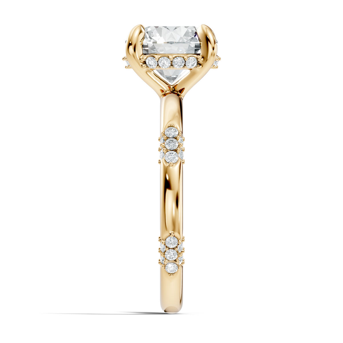 Close-up top view displaying stone symmetry, crisp facets, and claw prongs set in platinum tone detail. A ideal high-end engagement ring, personalized in 10k/14k gold, 925 silver, or platinum featuring 1ct to 2ct moissanite or lab grown diamond customized stones.