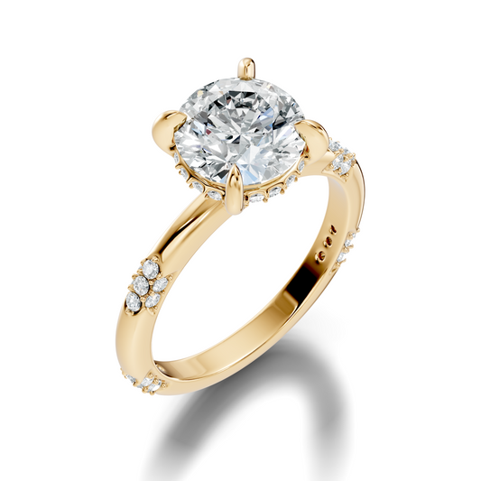Side profile showcasing cathedral setting height, a 2mm band, secret hidden collar, and solid 10k gold construction. Perfect for a wedding band setup or promise ring, available in 10k/14k gold, 925 silver, platinum with 1ct to 2ct moissanite or lab grown diamond choices.