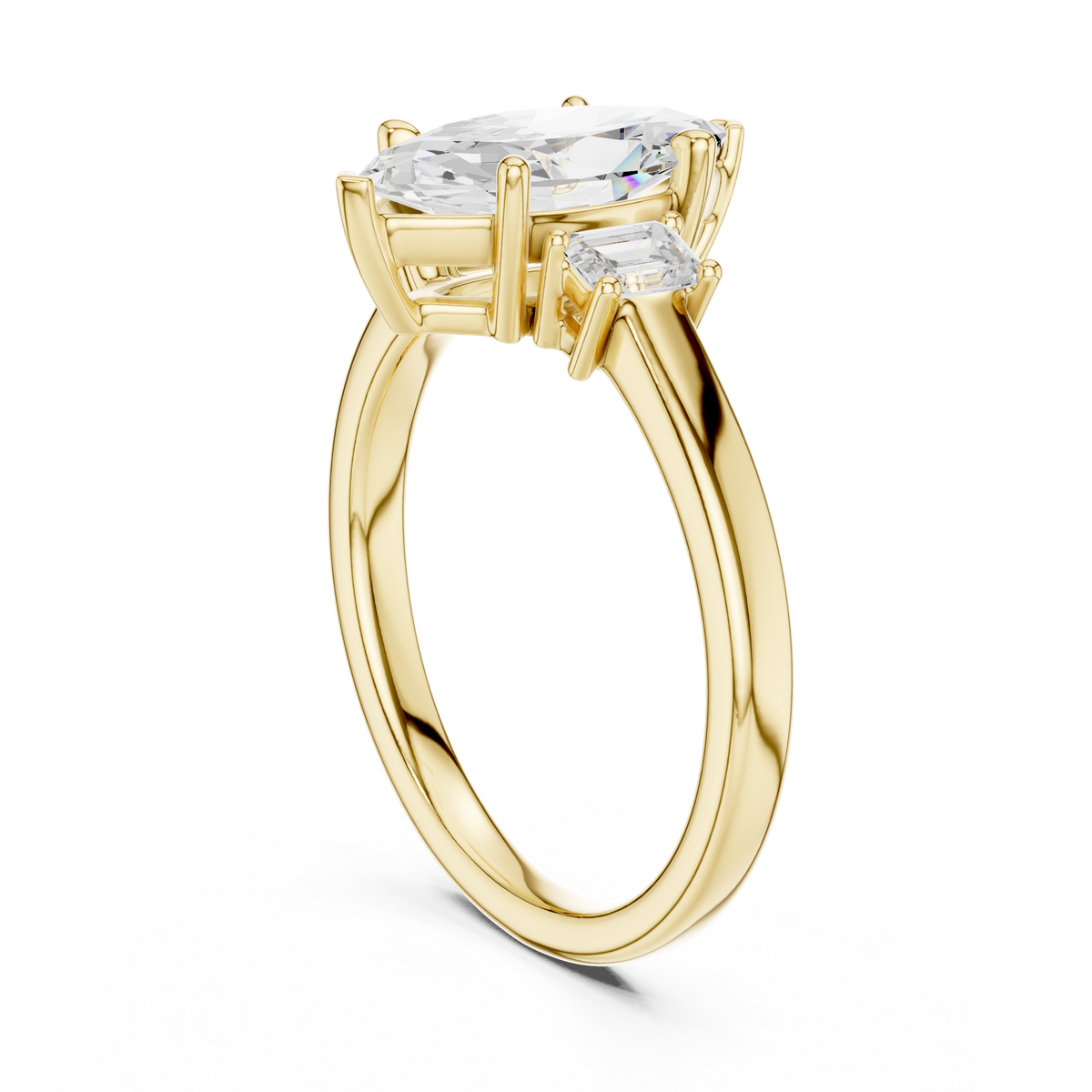 Angled view revealing D color VVS1 clarity sparkle from a marquise moissanite mounted on a 925 sterling silver shank with emerald cut accents. Designed for bridal jewelry, customized in 10k/14k gold, 925 silver, platinum, with 1ct to 2ct lab grown diamond or moissanite sizes.