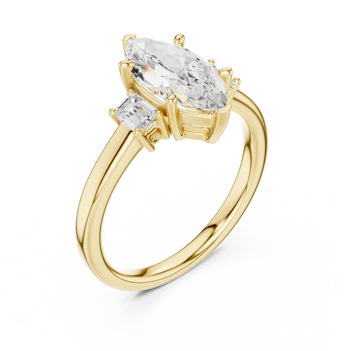 Side profile showcasing basket setting height, a 1.8mm band, V-tip prongs, and solid 10k gold construction. Perfect for a wedding band setup or promise ring, available in 10k/14k gold, 925 silver, platinum with 1ct to 2ct moissanite or lab grown diamond choices.