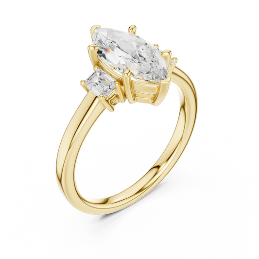 Side profile showcasing basket setting height, a 1.8mm band, V-tip prongs, and solid 10k gold construction. Perfect for a wedding band setup or promise ring, available in 10k/14k gold, 925 silver, platinum with 1ct to 2ct moissanite or lab grown diamond choices.