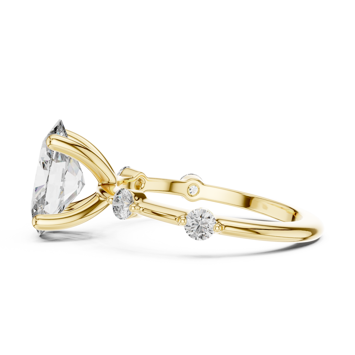 Side elevation shows 1.76mm band width, 2.22mm thickness, and 7.32mm setting height with an open wire basket gallery in 10k solid gold. Perfect custom bridal ring and promise band. Available in 10k/14k gold, silver, and platinum with 1ct to 2ct oval moissanite or lab grown diamond options.
